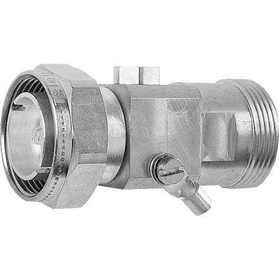 A chrome-plated pipe valve with a rotary lever and a threaded connection, typical of water installations.