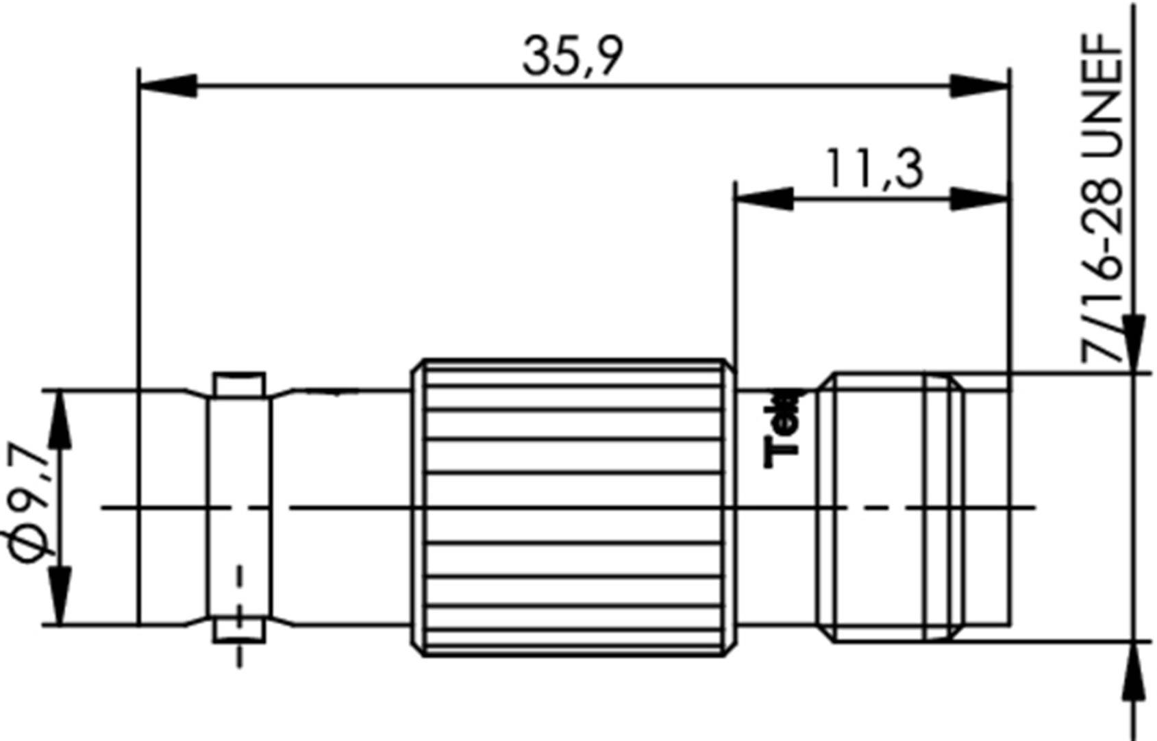 Technical drawing of a connector. Markings show length dimensions: 35.9 mm and 11.3 mm. Diameter 9.7 mm. Thread: 7/16-28 UNEF.