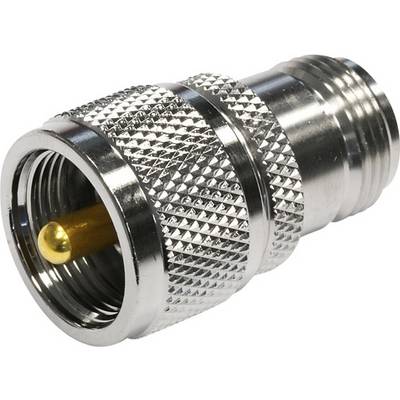 Metallic RF connector with a ribbed surface and gold-plated inner contact, suitable for antenna or cable connections.