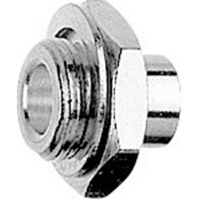 Metallic hexagonal flange with a central through-hole, suitable for connections in hydraulic or pneumatic systems.