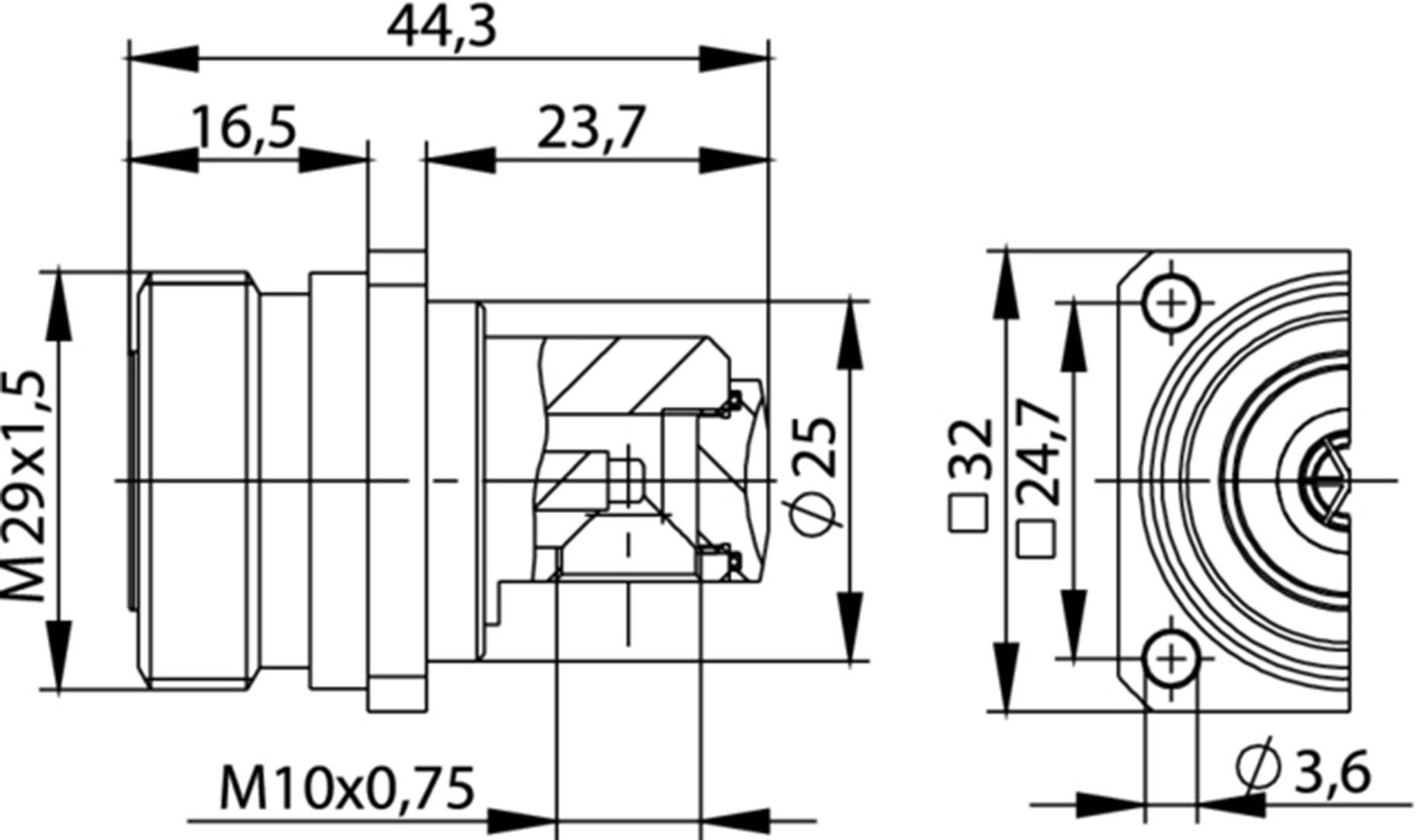 Technical drawing of a cylindrical component with dimensions. Main diameter: 25 mm, Thread: M29x1.5. Total width: 44.3 mm.