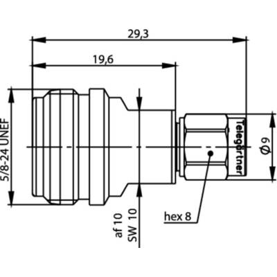 Technical drawing of a connection adapter with dimensions in millimetres. Key features: length 29.3 mm, 5/8-24 UNEF thread, hex8.
