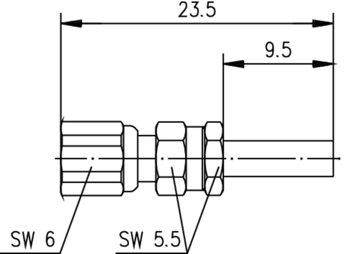 Technical drawing of a component, showing a cylindrical structure with dimensions 23.5 and 9.5 millimetres. Markings: SW 6 and SW 5.5.