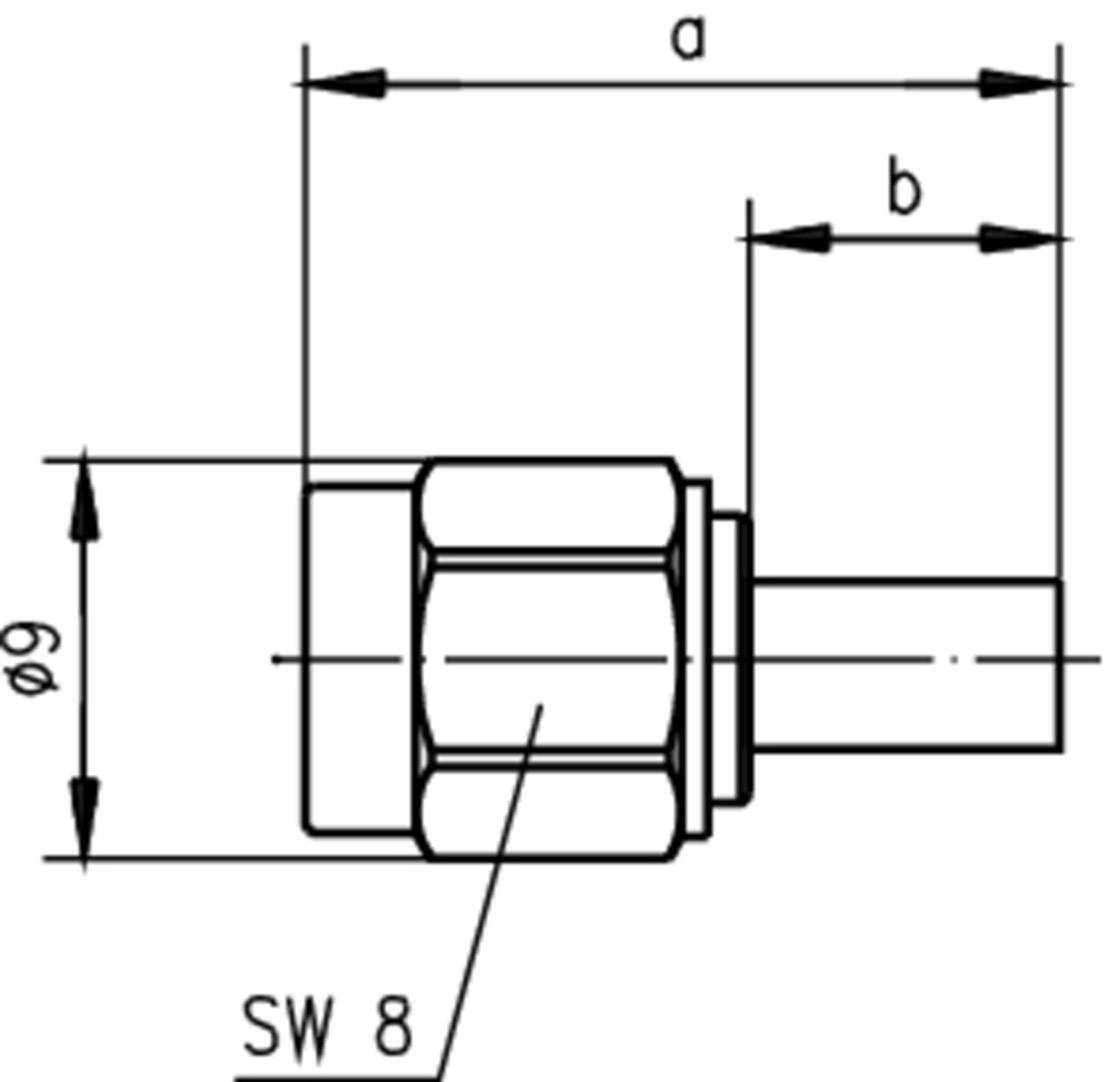 Technical drawing of a cylindrical part with external thread. Diameter is 9 mm, lengths a and b are marked. Hexagon width across flats 8.