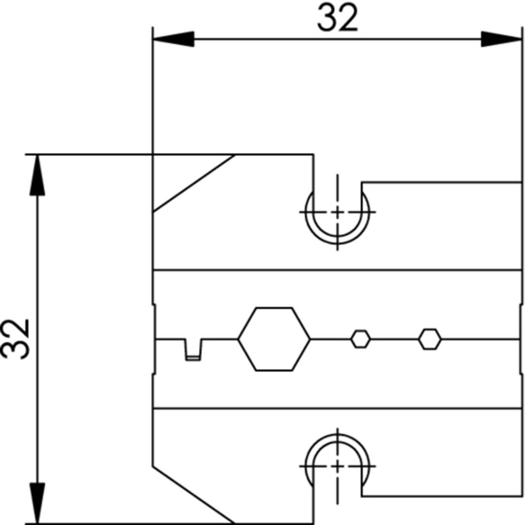 Technical drawing of a mechanical component with dimensions; top and left 32 mm, showing holes and recesses.