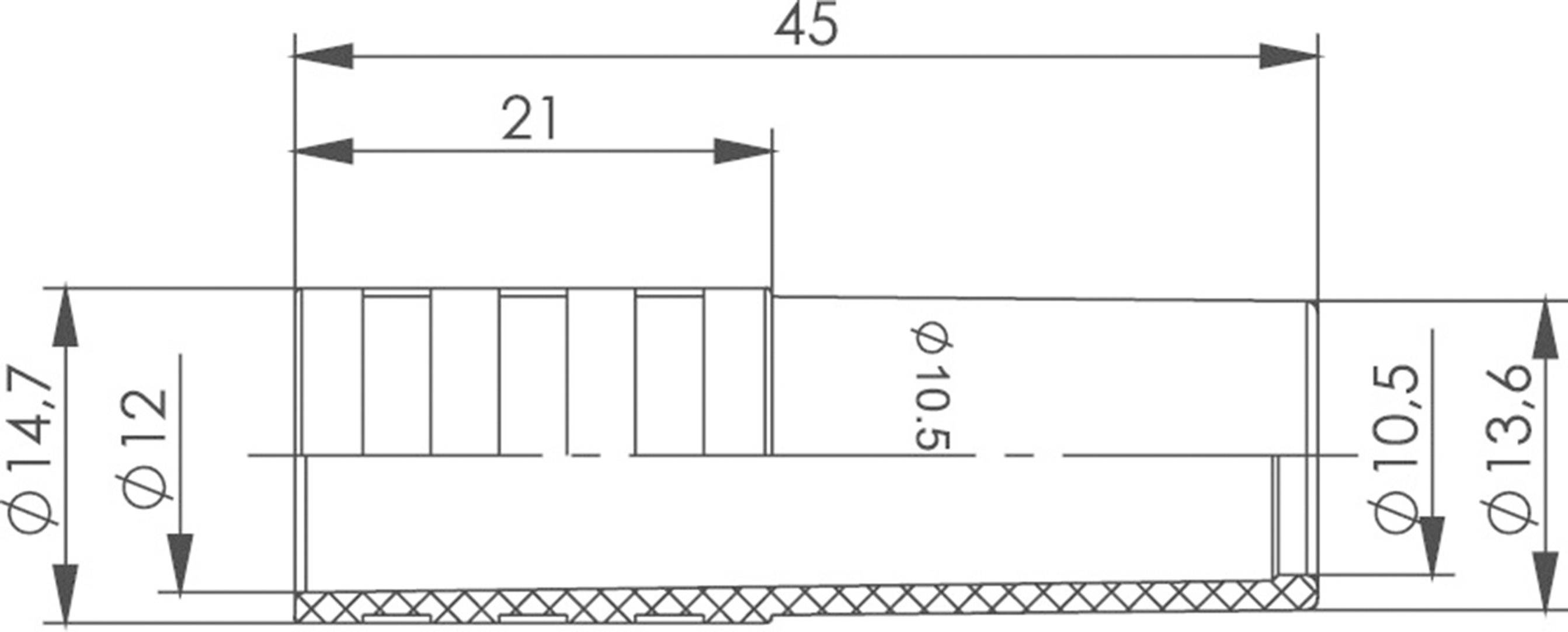 Technical drawing of a cylinder with dimensions: Total length 45 mm, internal diameter 10.5 mm, various external diameters and thread cuts.