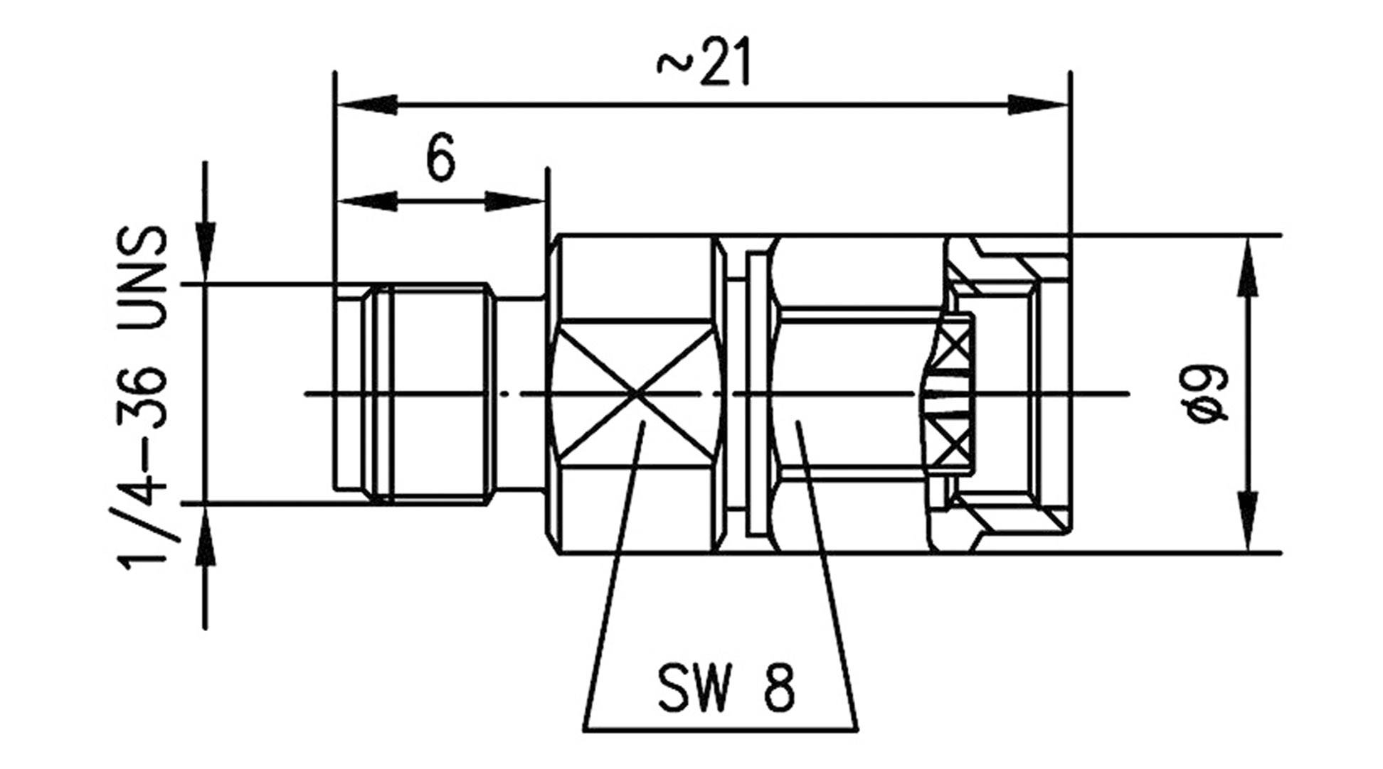 Technical drawing of a connecting element with dimensions: Total length approx. 21 mm, width 9 mm, connection thread 1/4-36 UNS, spanner size 8 mm.