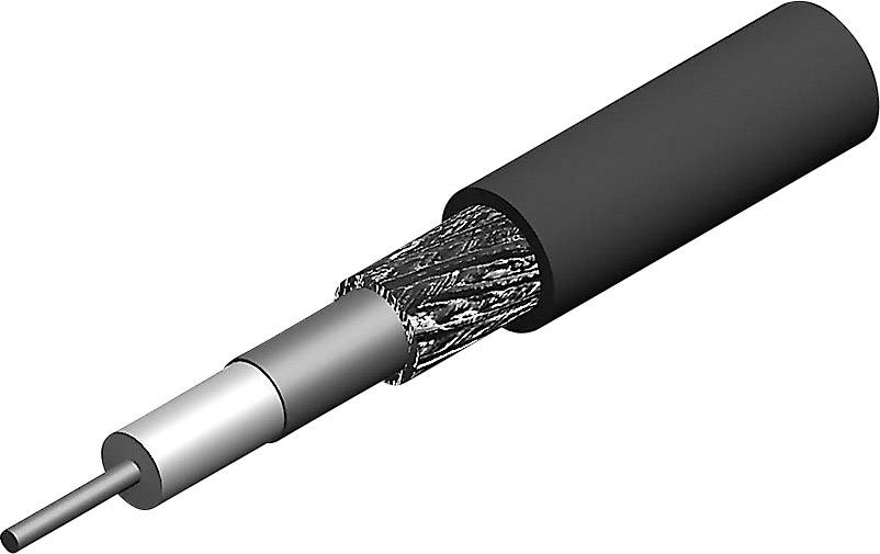 A coaxial cable with visible layers: inner conductor, dielectric, shielding, black outer jacket; used for signal transmission.