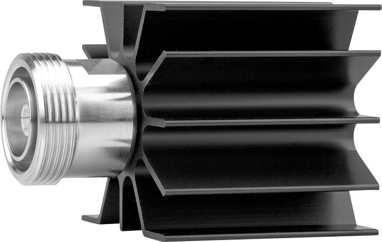 Heat sink with a cylindrical connection and black, radially arranged fins for heat dissipation.