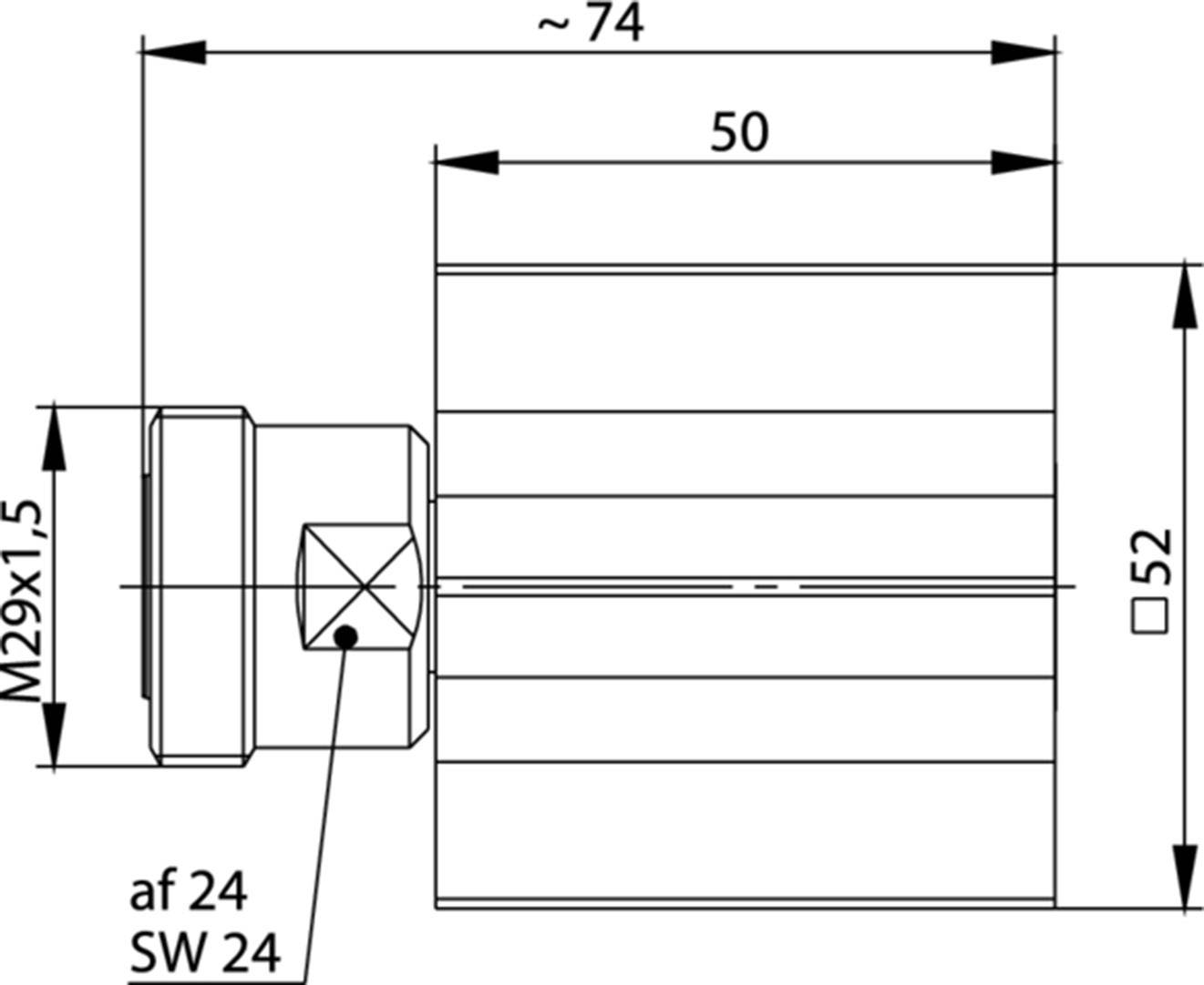 Technical drawing of a cylindrical component with dimensions: diameter 52 mm, length 50 mm, overall length approx. 74 mm, thread M29x1.5.