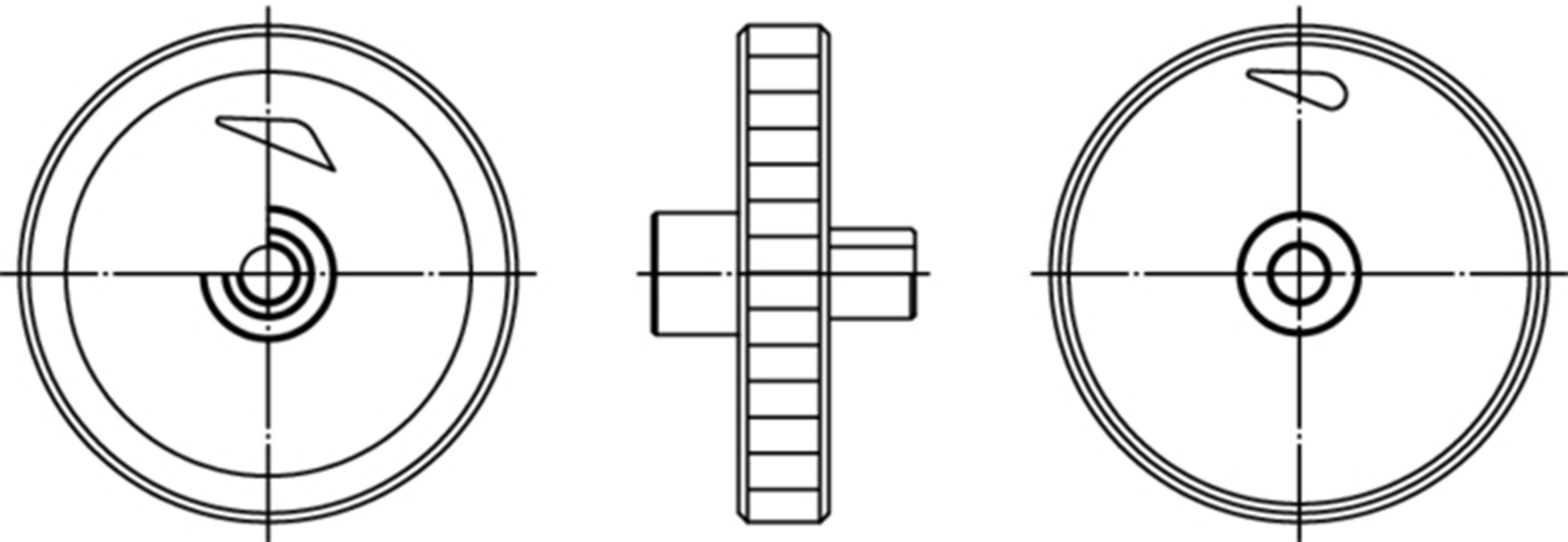 Technical drawing of a gear in three views: front view, side view, and top view, with axes and notches.