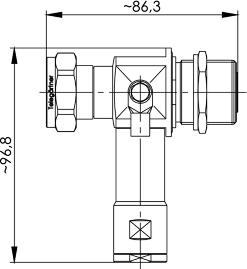 Technical drawing of a T-piece with dimensioned measurements: width approx. 86.3 mm, height approx. 96.8 mm.