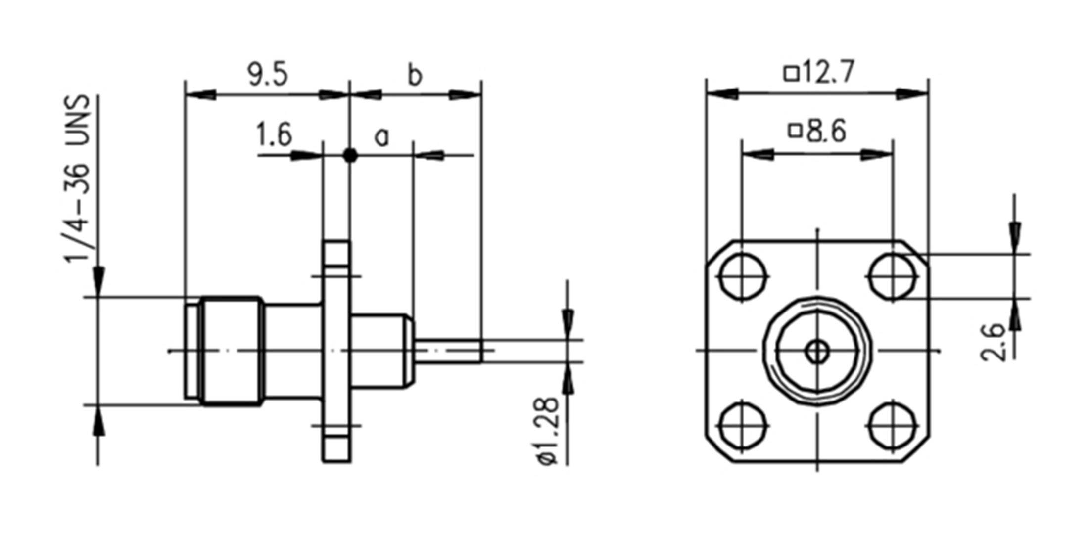 Technical drawing of a plug with dimensions in millimetres. Front and side view, including details of hole diameters and spacing.