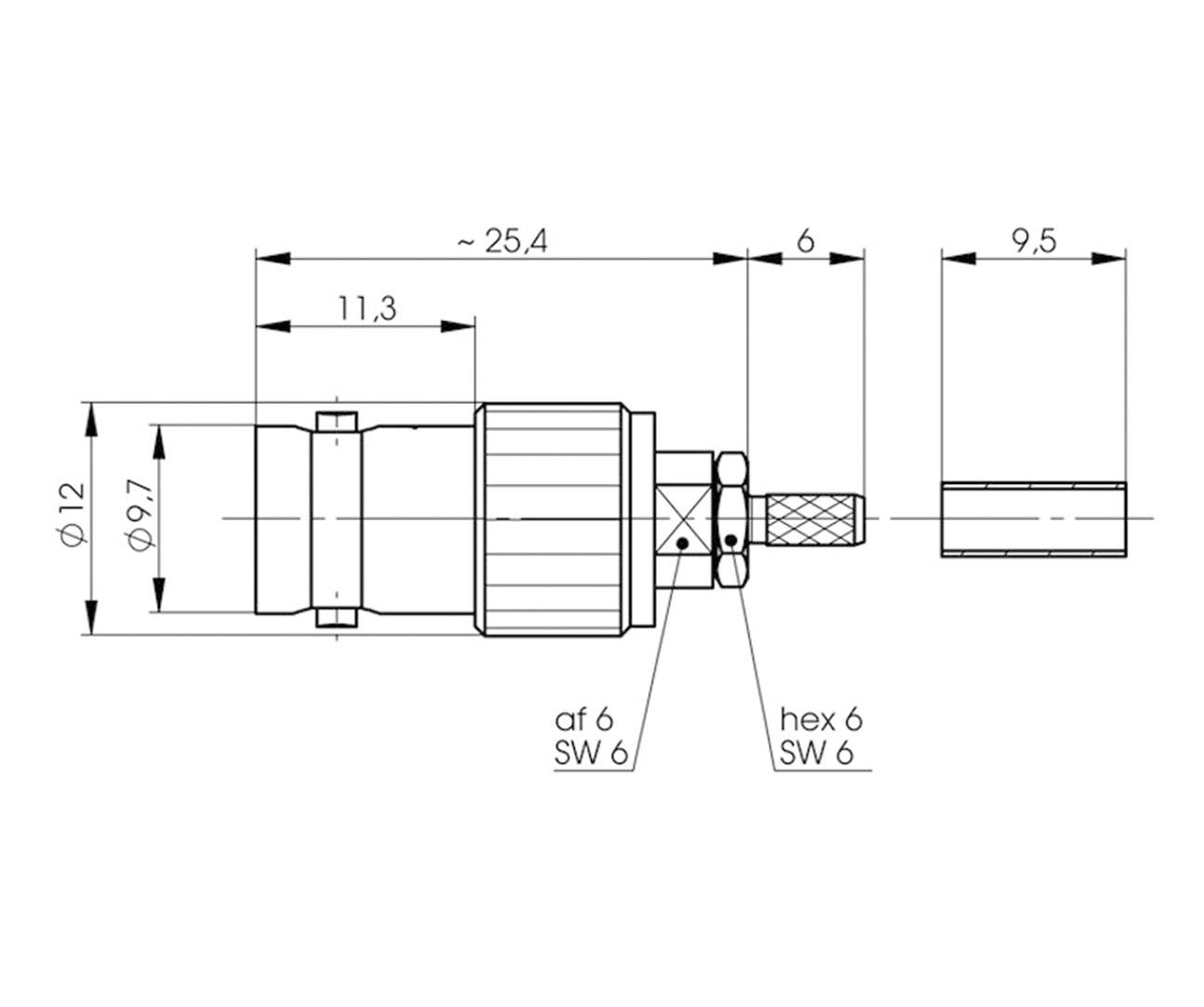 Technical drawing of a connector, showing dimensions and cross-sectional view. Numbers indicate lengths and diameters in millimetres.