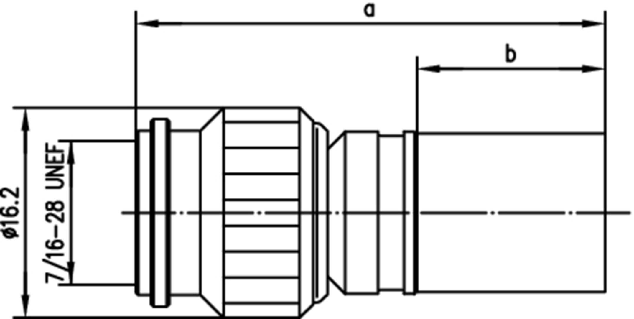 Technical drawing of a threaded connection. Dimensions are marked with 'a' and 'b', diameter is 16.2 mm, thread '7/16-28 UNEF'.
