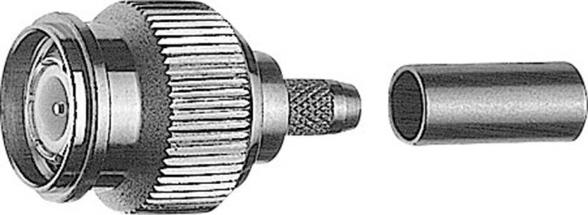Metal RF connector consisting of a ribbed connecting element and separate sleeve, used for coaxial cables.