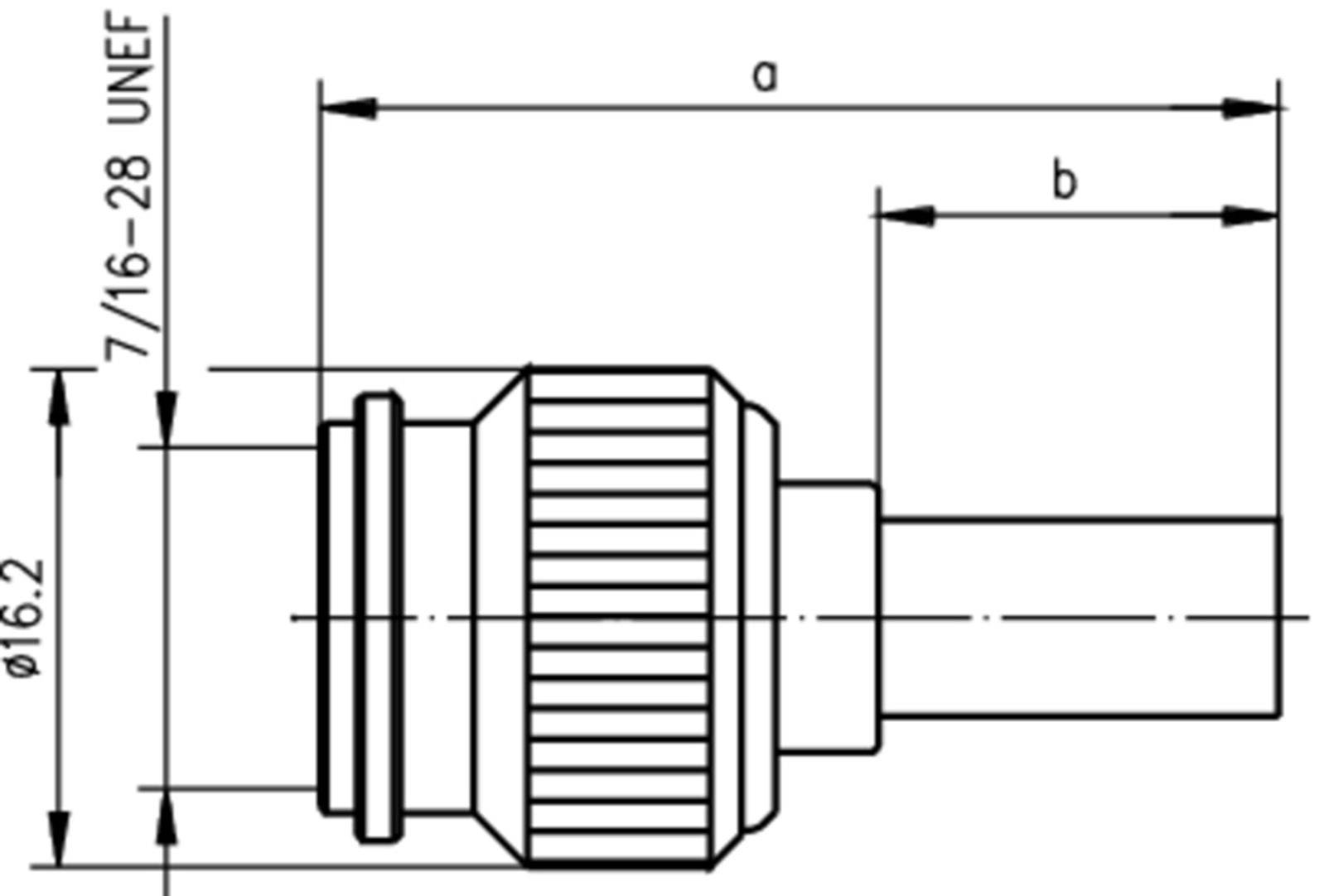 Technical drawing of a cylindrical connector with thread specifications: 7/16-28 UNEF, total length a, partial section b, diameter 16.2.