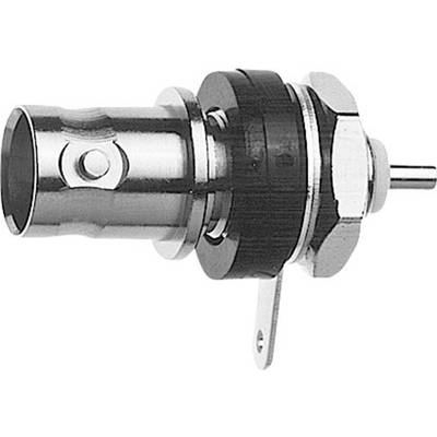A coaxial connector with a metal housing and plastic insulation, suitable for televisions or radio equipment.