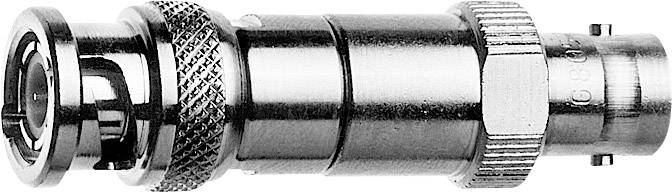 A BNC metal plug, used for coaxial cable connections in electronic devices and networks.