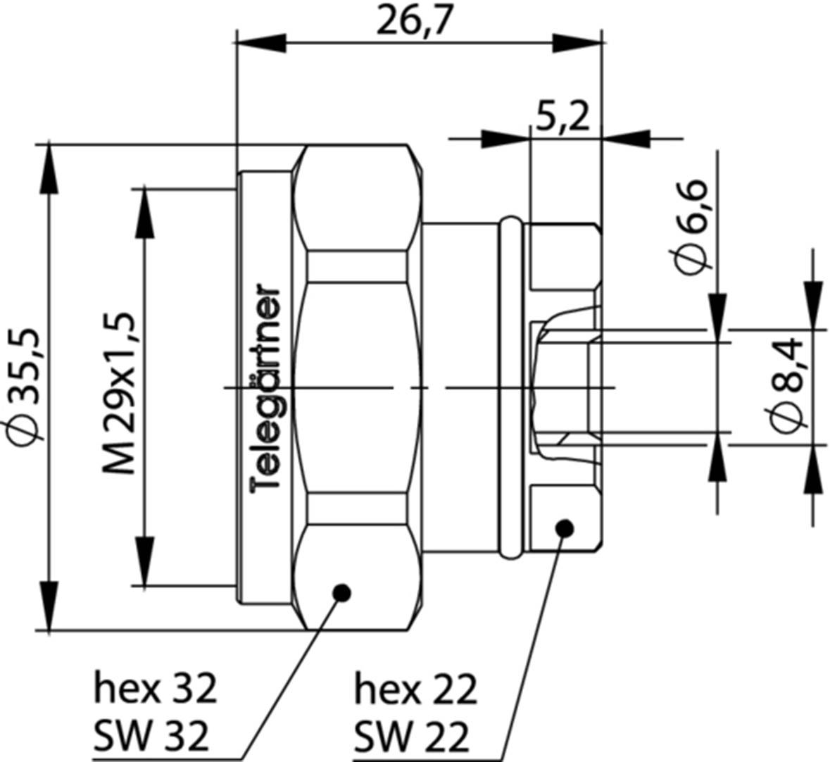 Technical drawing of a connector with dimensions in millimetres. Main dimensions: 26.7 length, 35.5 and 6.6 diameter.