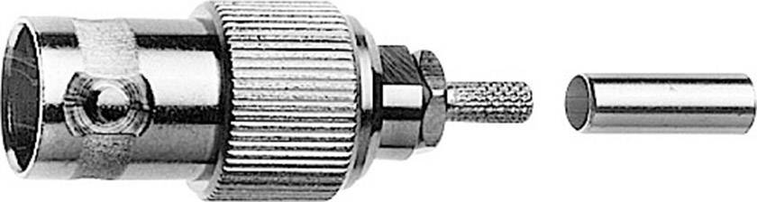Metal sleeve of a coaxial connector with a removable sleeve and central pin, showing the individual components for cable connection assembly.