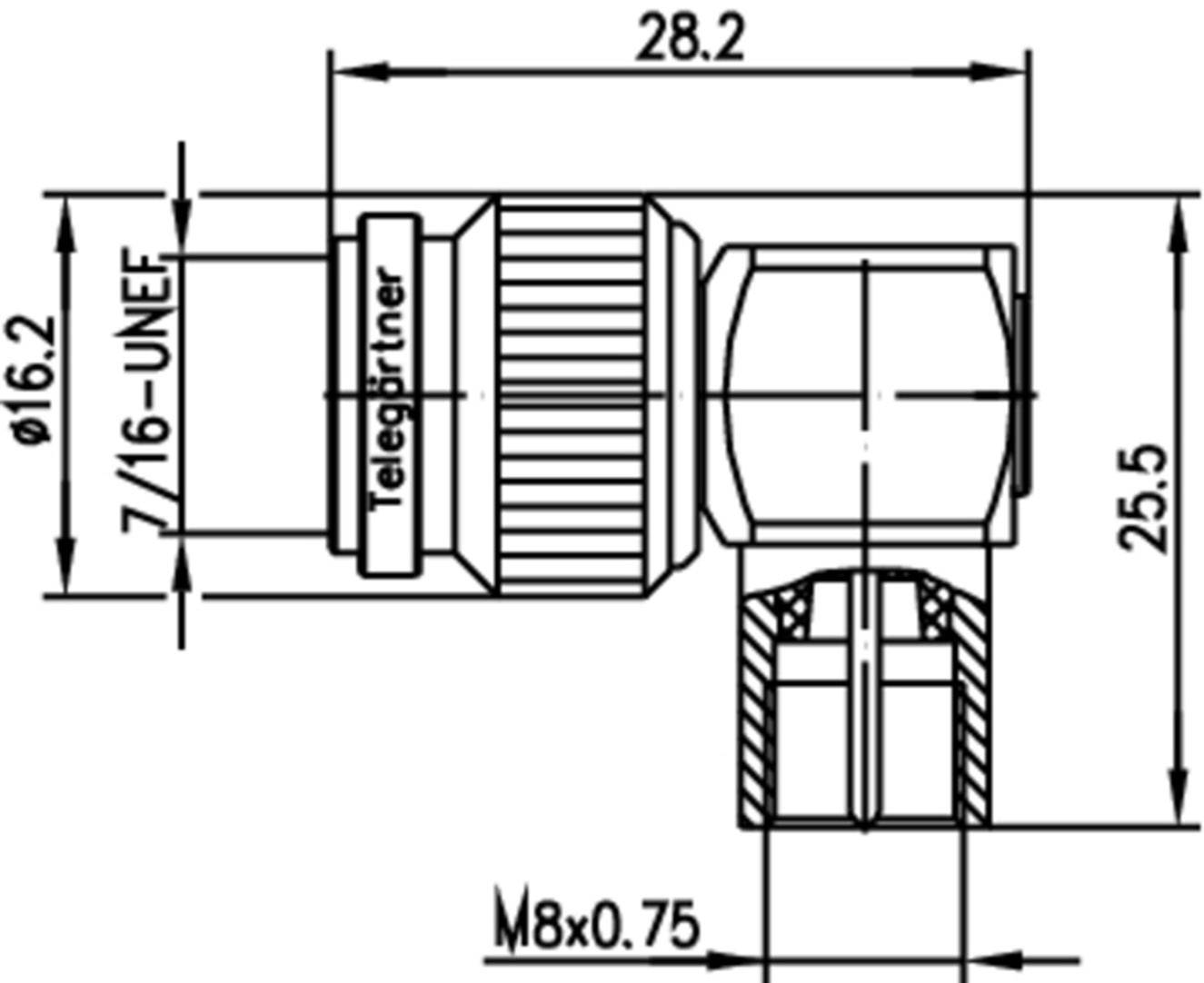 Technical drawing of an angle adapter, 7/16-UNEF thread, dimensions 16.2 mm diameter, 28.2 mm length, 25.5 mm height.