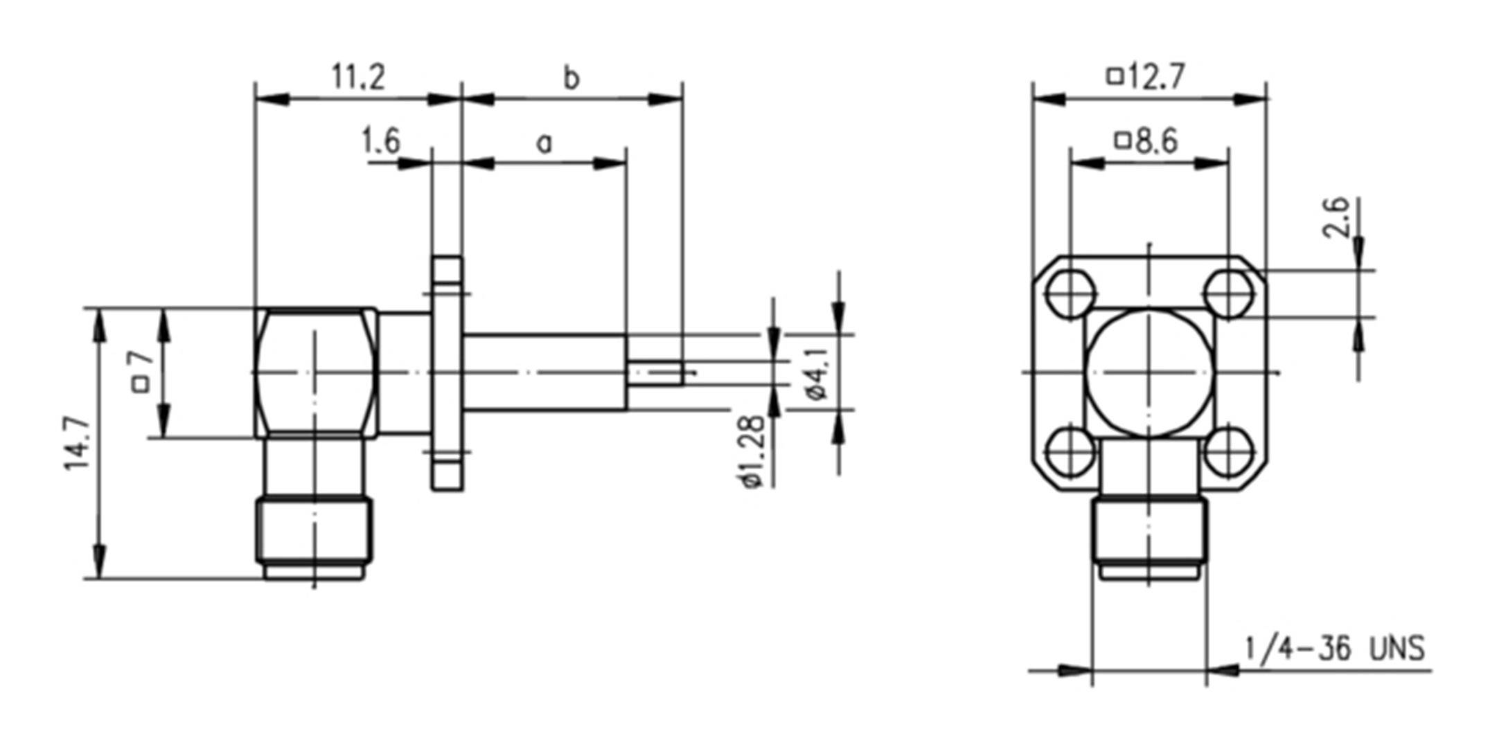 Construction drawing of an angle adapter with dimensional specifications in millimetres; shows front and side views of the component.