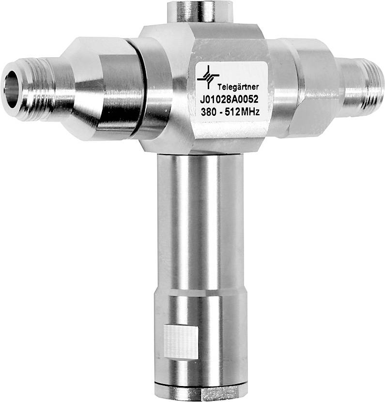 A metal connector marked 'Telegärtner J01028A0052 380-512MHz', suitable for high-frequency applications.