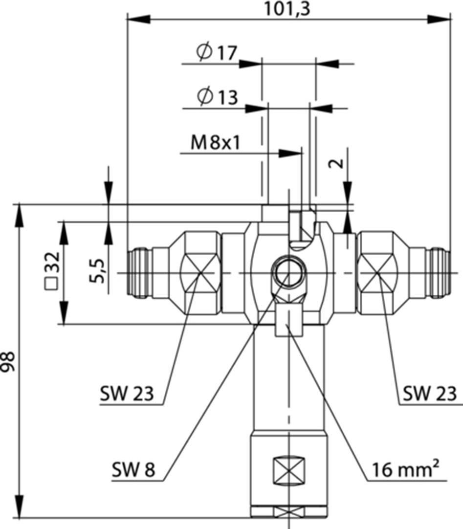 Technical drawing of a valve with dimensions and labels. Top width 101.3 mm, height 98 mm. Thread size M8x1, pipe diameter 17 mm.