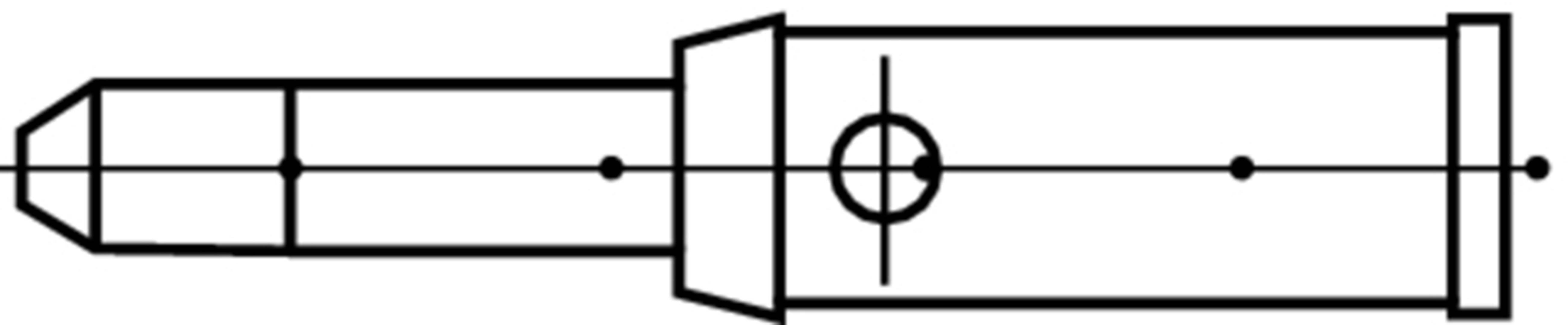 Technical drawing of a jack plug with three areas for ground, left and right channels, side view.