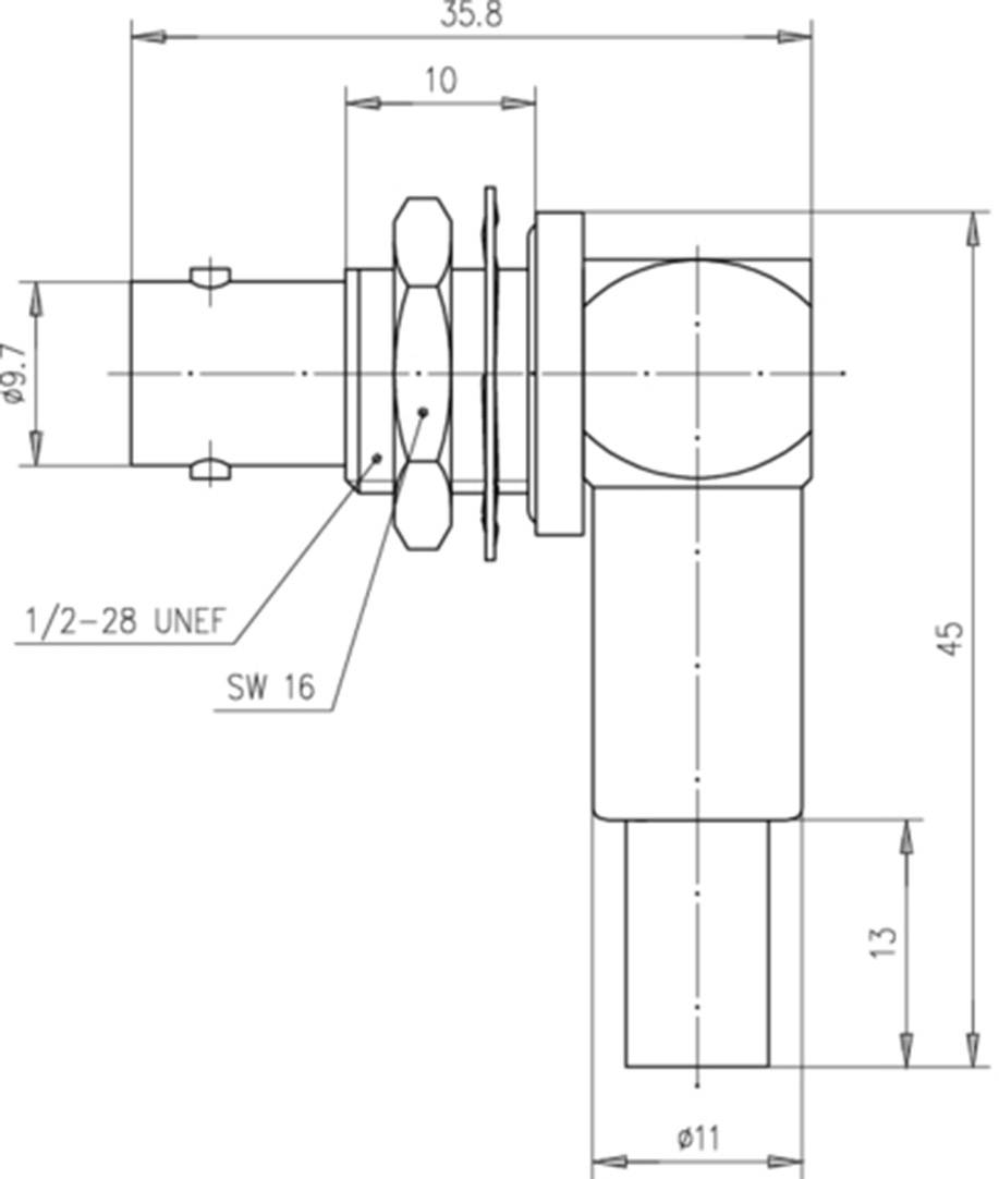 Technical drawing of an L-shaped component with dimensional specifications in millimetres, connection thread '1/2-28 UNEF', spanner size 'SW 16'.