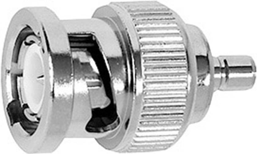 A silver, ribbed coaxial plug with a thread and an inner pin, used for versatile electronic connections.