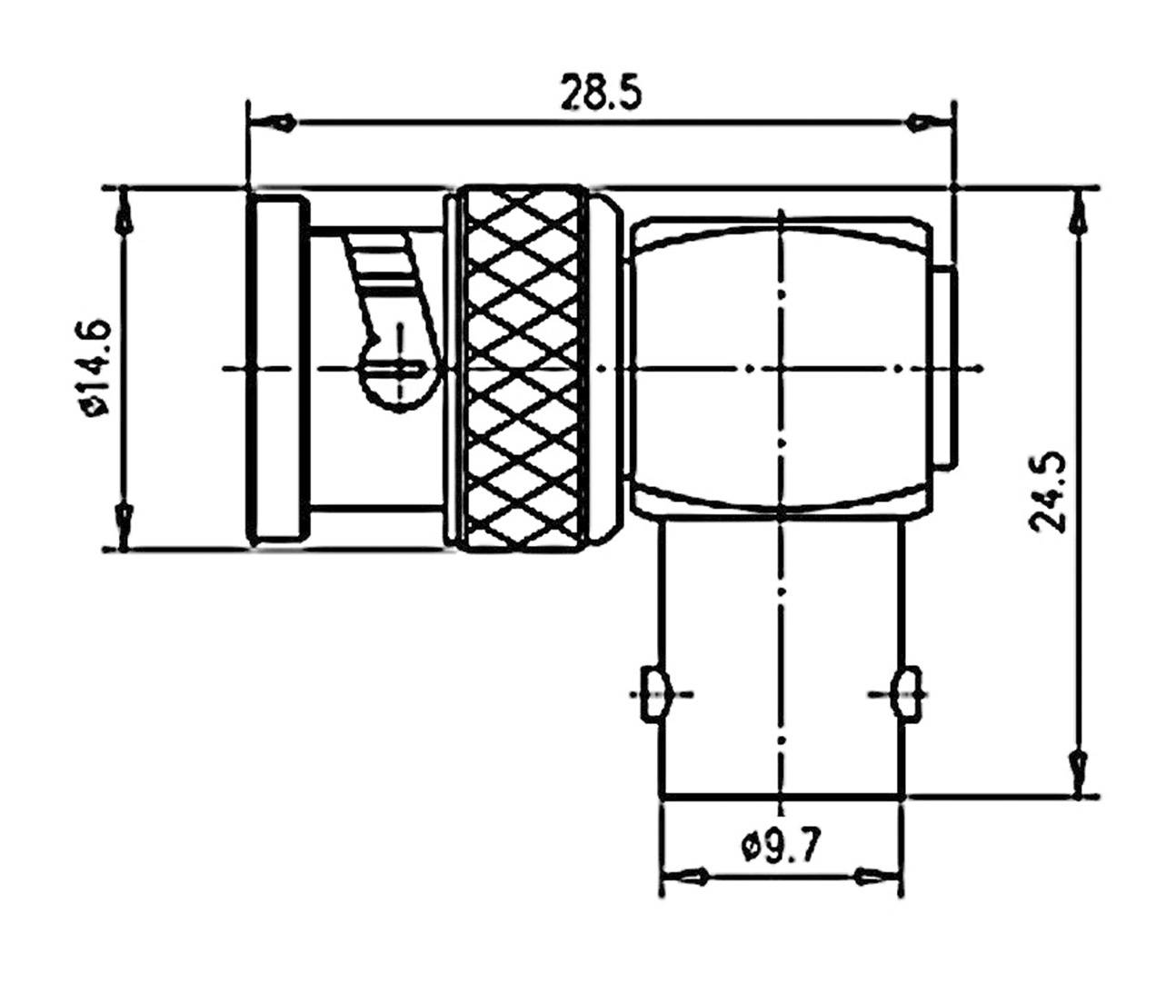 Technical drawing of an angled plug with dimensions: 28.5 mm long, 14.6 mm diameter, connection diameter 9.7 mm.