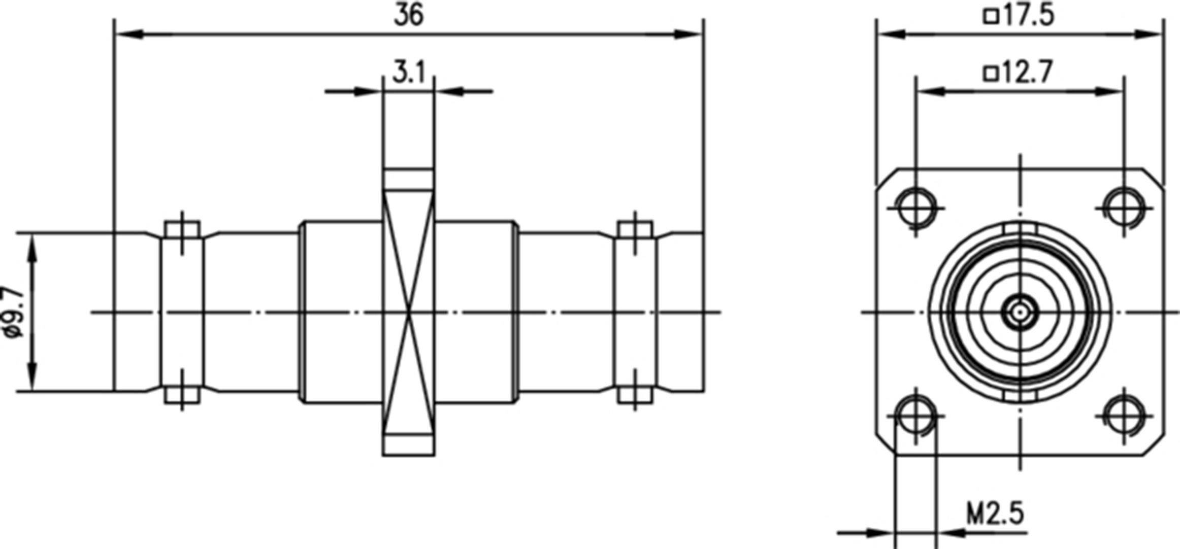 Technical drawing of a connector with front and side view. Dimensions: Length 36 mm, Diameter 9.7 mm, Hole spacing 17.5 mm, 12.7 mm.