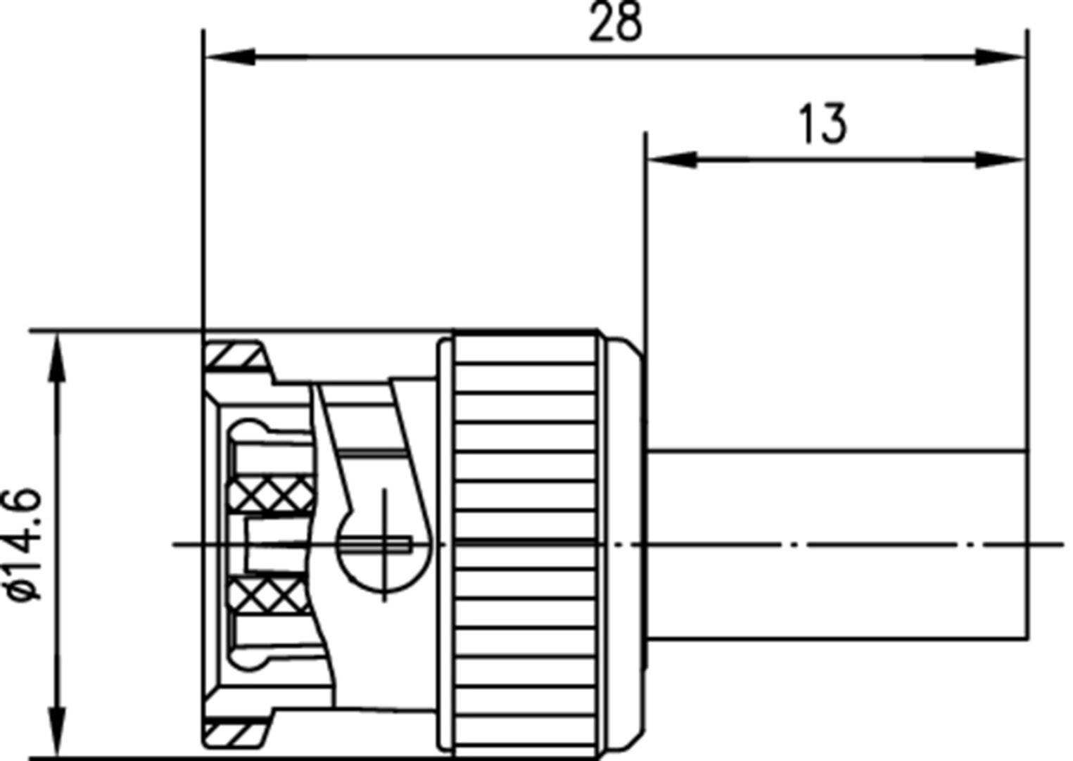 Technical drawing of a connector. Total width: 28 mm, diameter: 14.6 mm. The marked section is 13 mm long.