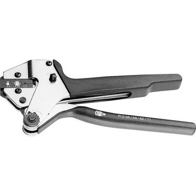 A metal and plastic crimping pliers with adjustment options for different cable sizes.