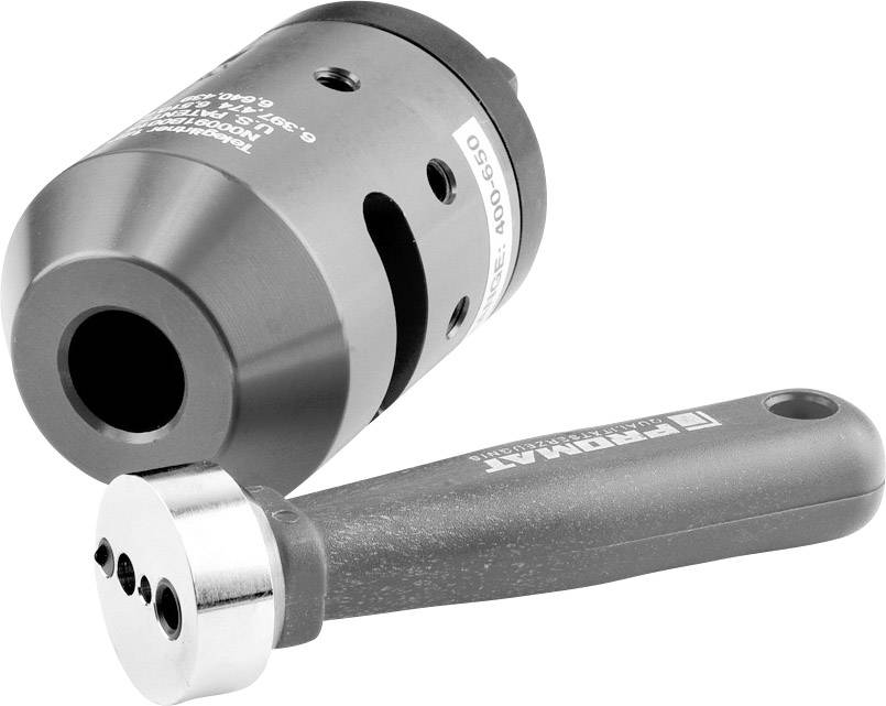 A metal drill head with side holes, next to a handy grey handle with a metallic disc at the end.