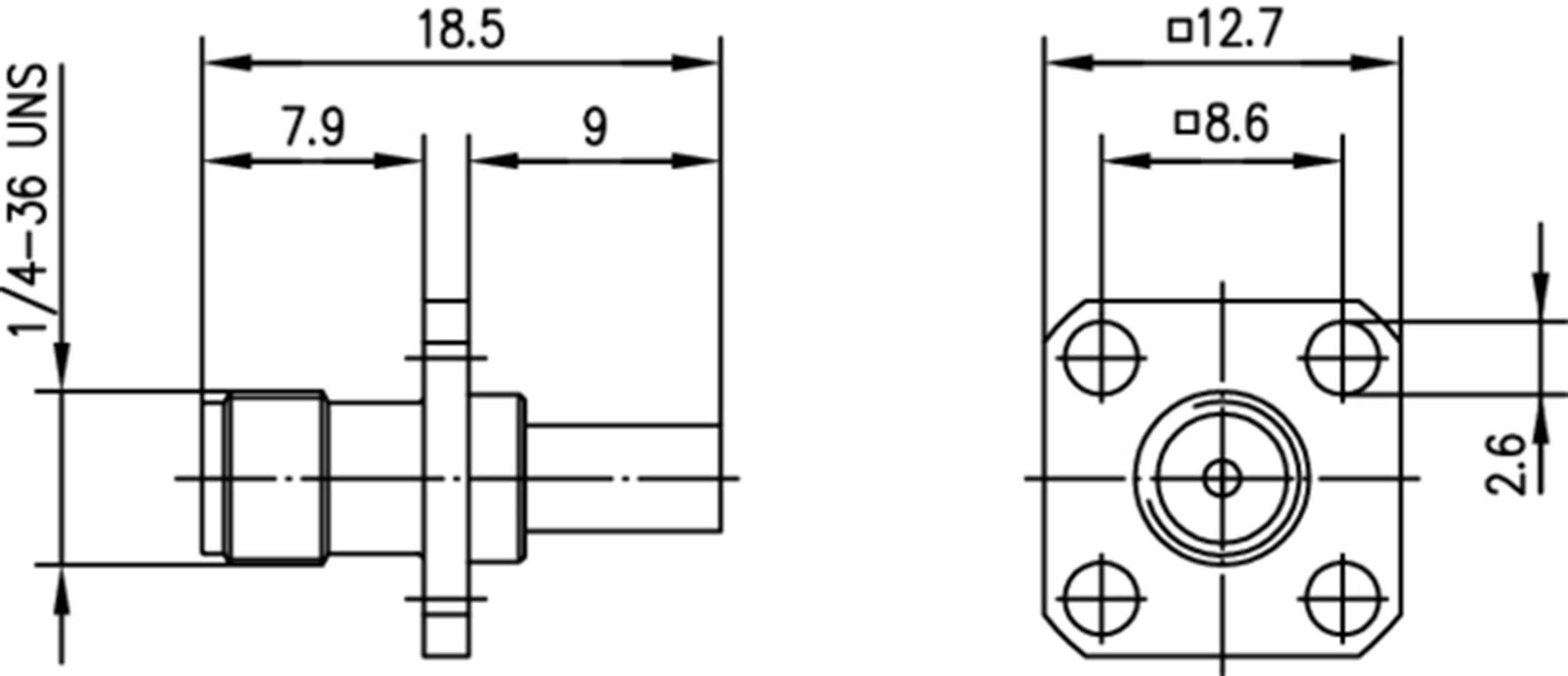 Technical Drawing of a Component with Dimensions: Left, a side view with length specifications, right, a top view showing hole spacings.