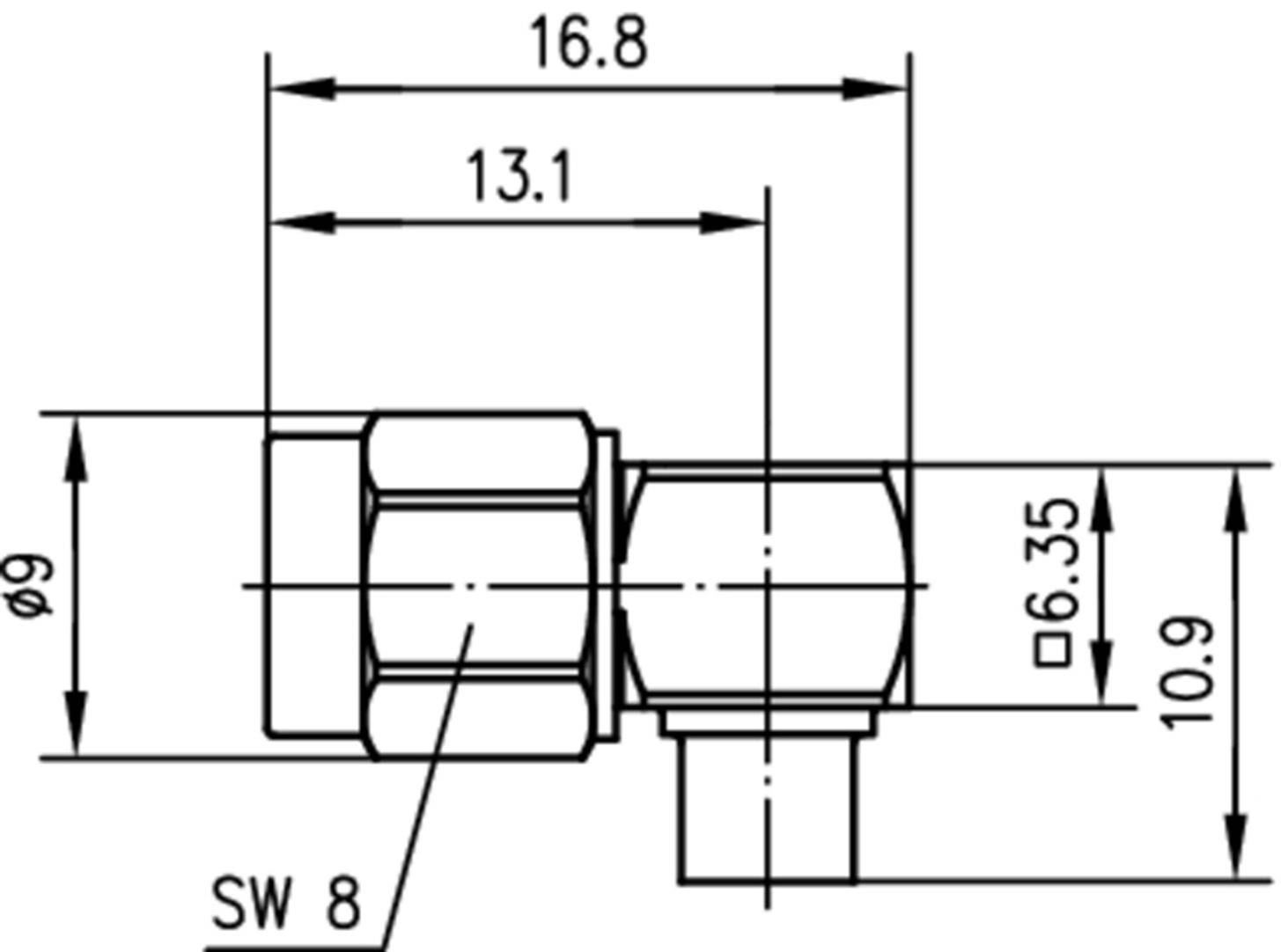 Technical drawing of a connector with dimensions: total length 16.8 mm, diameter 9 mm, width dimensions spanner size 8.