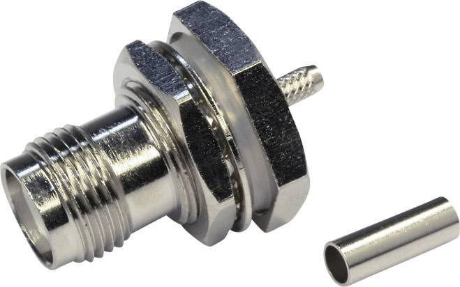 Metallic plug with thread and hexagonal nut, suitable for connecting cables, with a tubular shape beside it.
