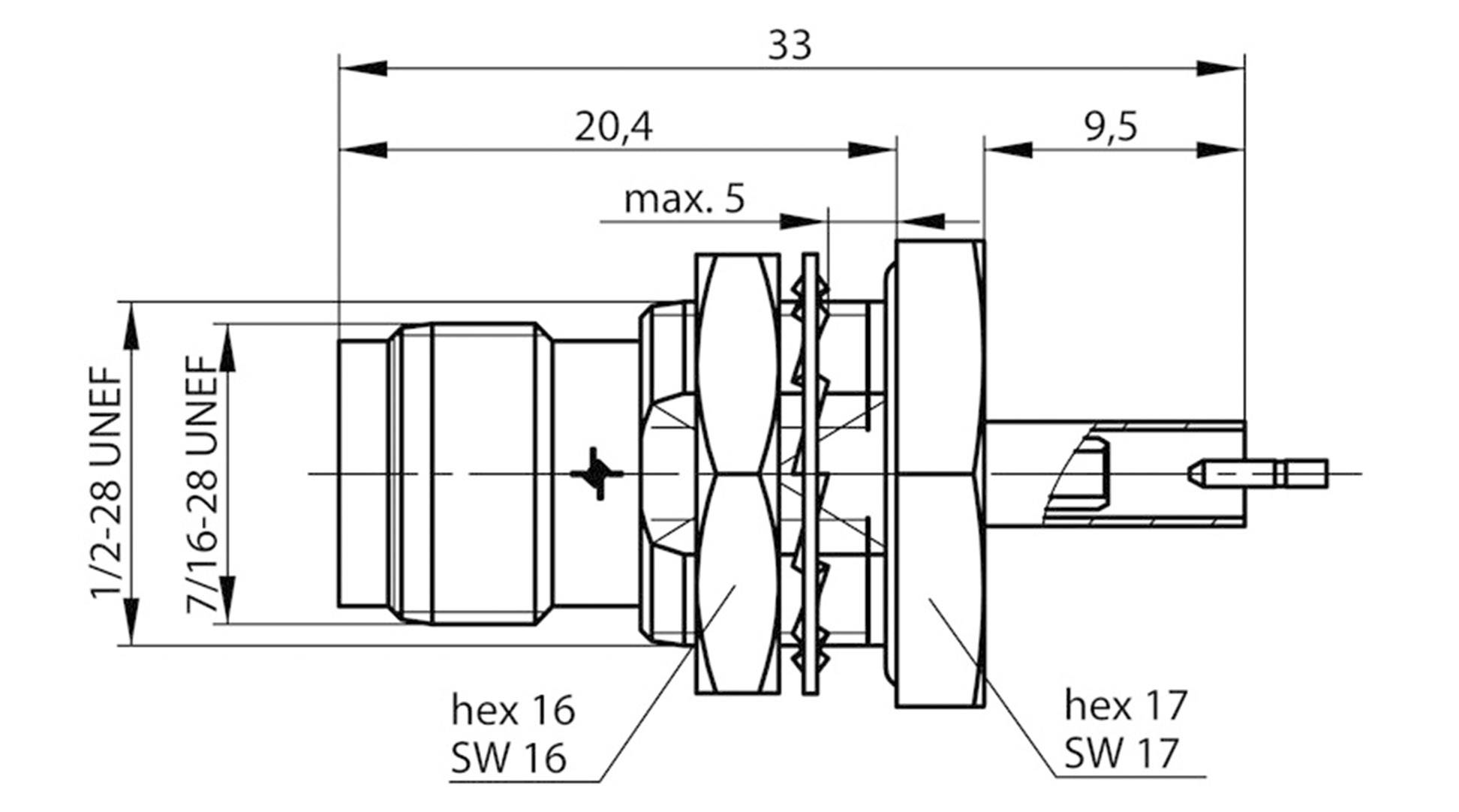 Technical drawing of a mechanical component with dimensions in millimetres, thread sizes, and hexagon widths.