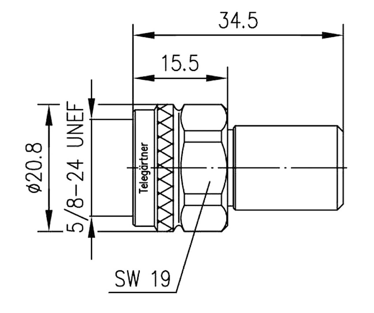 Technical drawing of a plug with dimensions: Length 34.5 mm, Width 15.5 mm, Thread 5/8-24 UNEF and Spanner Size 19.