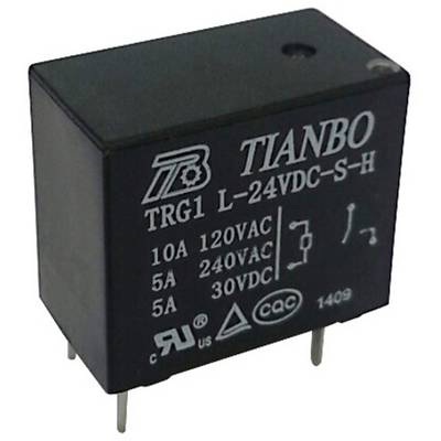 Black relay with print 'TIANBO TRG1 L-24VDC-S-H'. Specifications: 10A 120VAC, 5A 240VAC, 5A 30VDC. Electronic component.