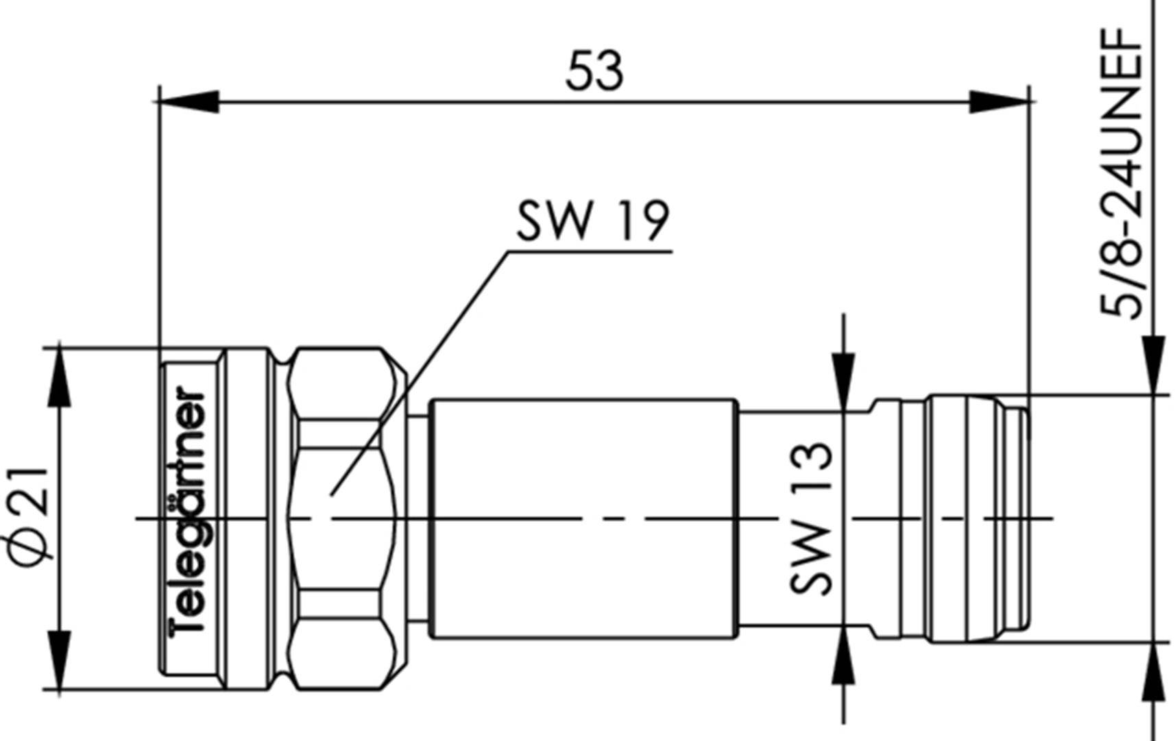 Technical drawing of a connector by the brand "Telegärtner" with dimensions: length 53mm, diameter 21mm, thread size 5/8-24UNEF.