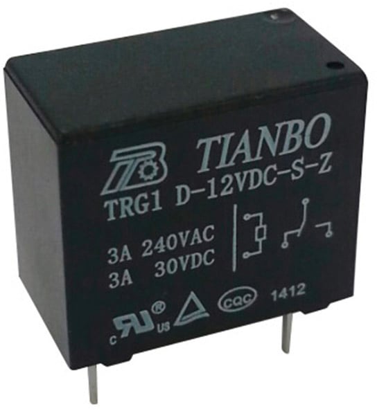 Black TIANBO relay module with inscription 'TRG1 D-12VDC-S-Z', suitable for 3A at 240VAC or 30VDC, two connection pins.