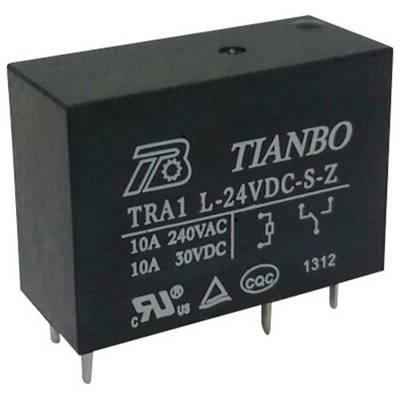 A black relay module labelled 'TIANBO TRA1 L-24VDC-S-Z', suitable for 10A 240VAC and 10A 30VDC, with five connection pins.