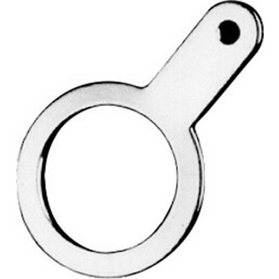 A simple metal tool in ring form with an extended handle that has a hole at the end.<br><br>(Note: This appears to be a description of a ring spanner or ring wrench, which is common in British English technical terminology.)
