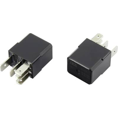 Two black electronic relays with five silver connection pins, packaged in a metallic housing, lying side by side.