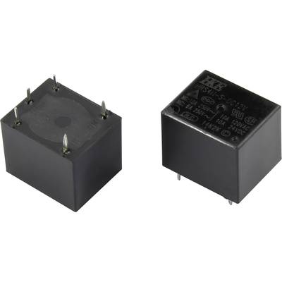 Two black relays with four metal pins, one showing the top side with labelling: '10A 120VAC', the other showing the underside with pins.