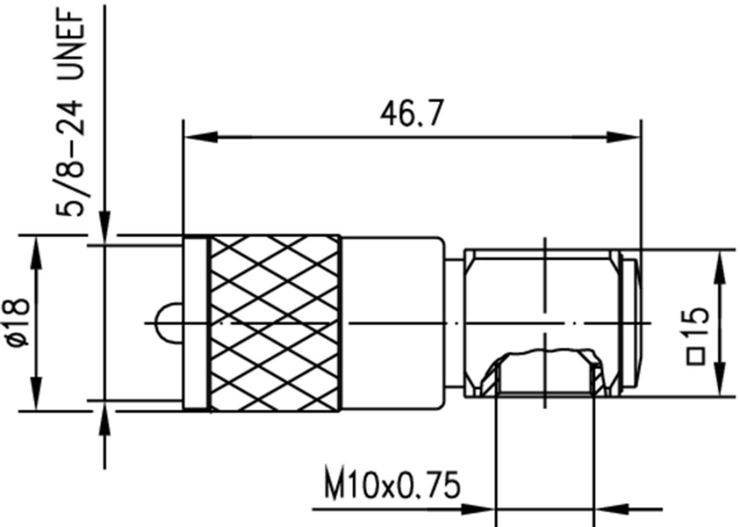Technical drawing of a cylindrical connecting piece, showing thread details: 5/8-24 UNEF, M10x0.75. Length: 46.7mm, diameter: 18mm and 15mm.